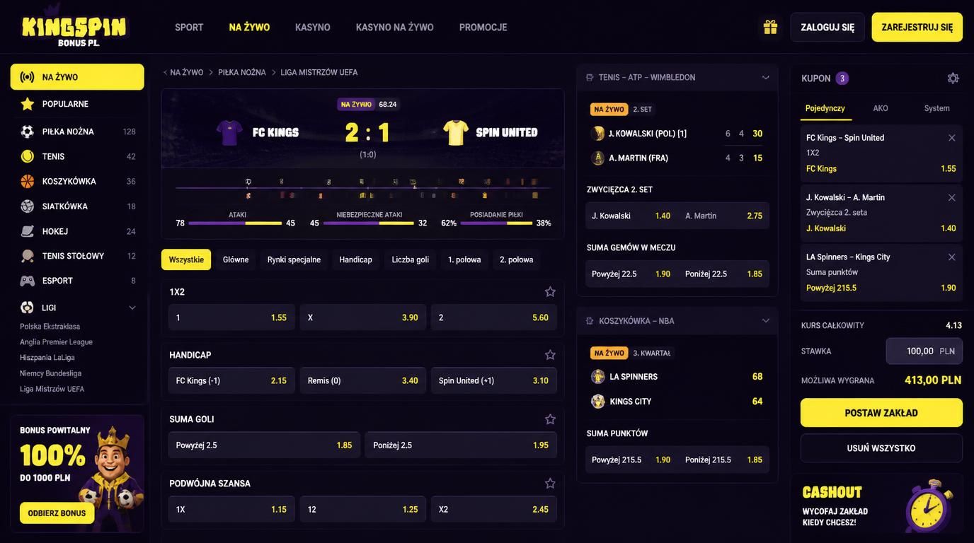 ekran zakladów sportowych z różnymi rynkami w Kingspin Casino