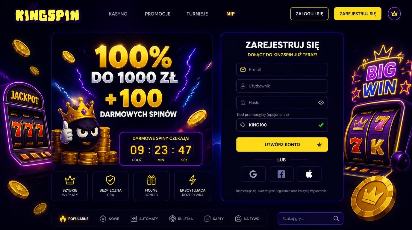 oferta bonusu powitalnego w kasynie Kingspin, pokazana grafika interfejsu z kodem i spinami