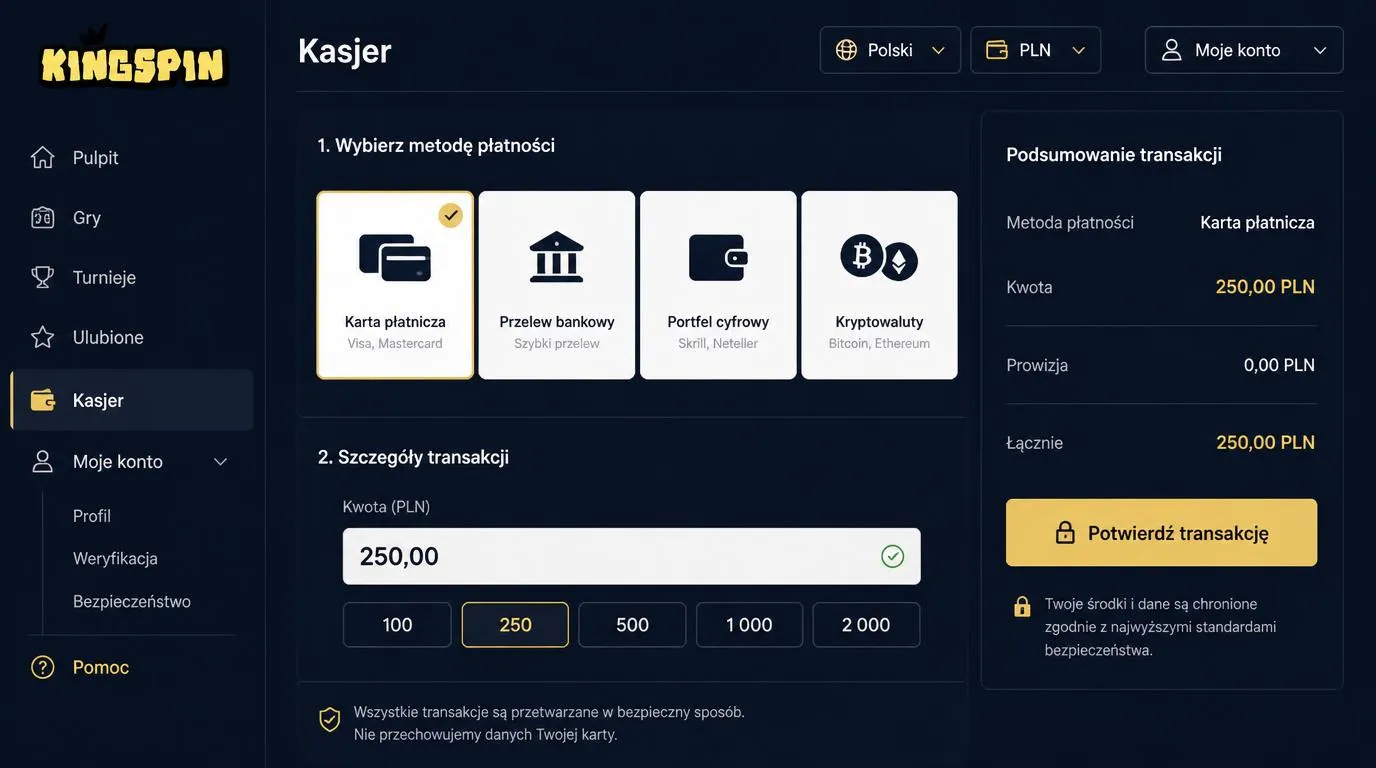Panel kasyna z wyborem języka polskiego, waluty PLN i metody płatności