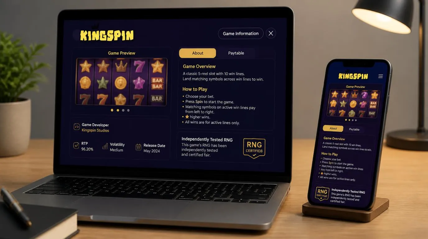 Ekran gry kasynowej z informacją o producencie, zasadach i niezależnym teście RNG